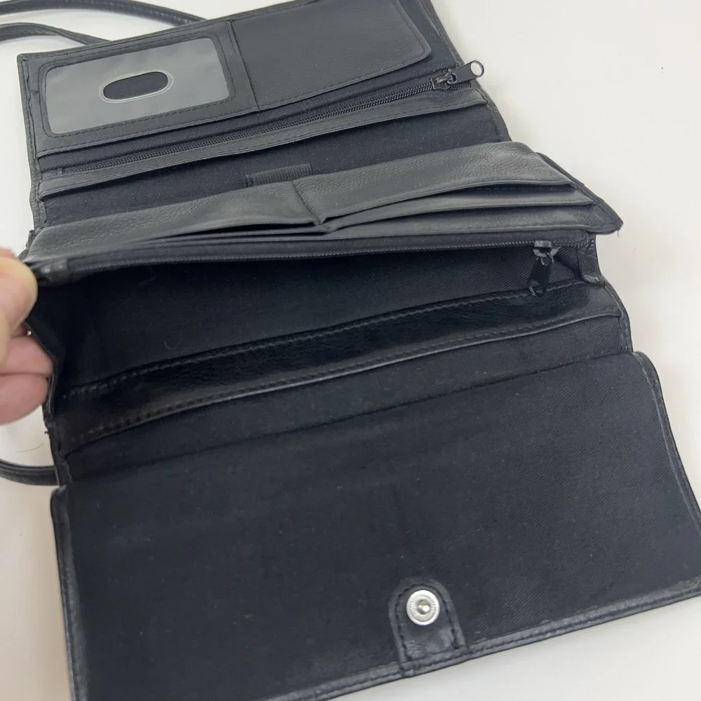 FOSSIL Leather Wallet Clutch Removable Crossbody Shoulder Strap‎ Organizer Black